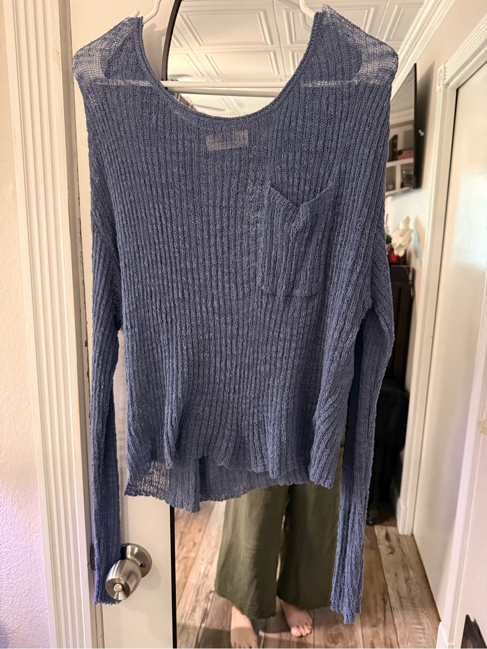 Natural Life Light Blue Ribbed Scoop Neck Women's Sheer Overlay Top with Pocket